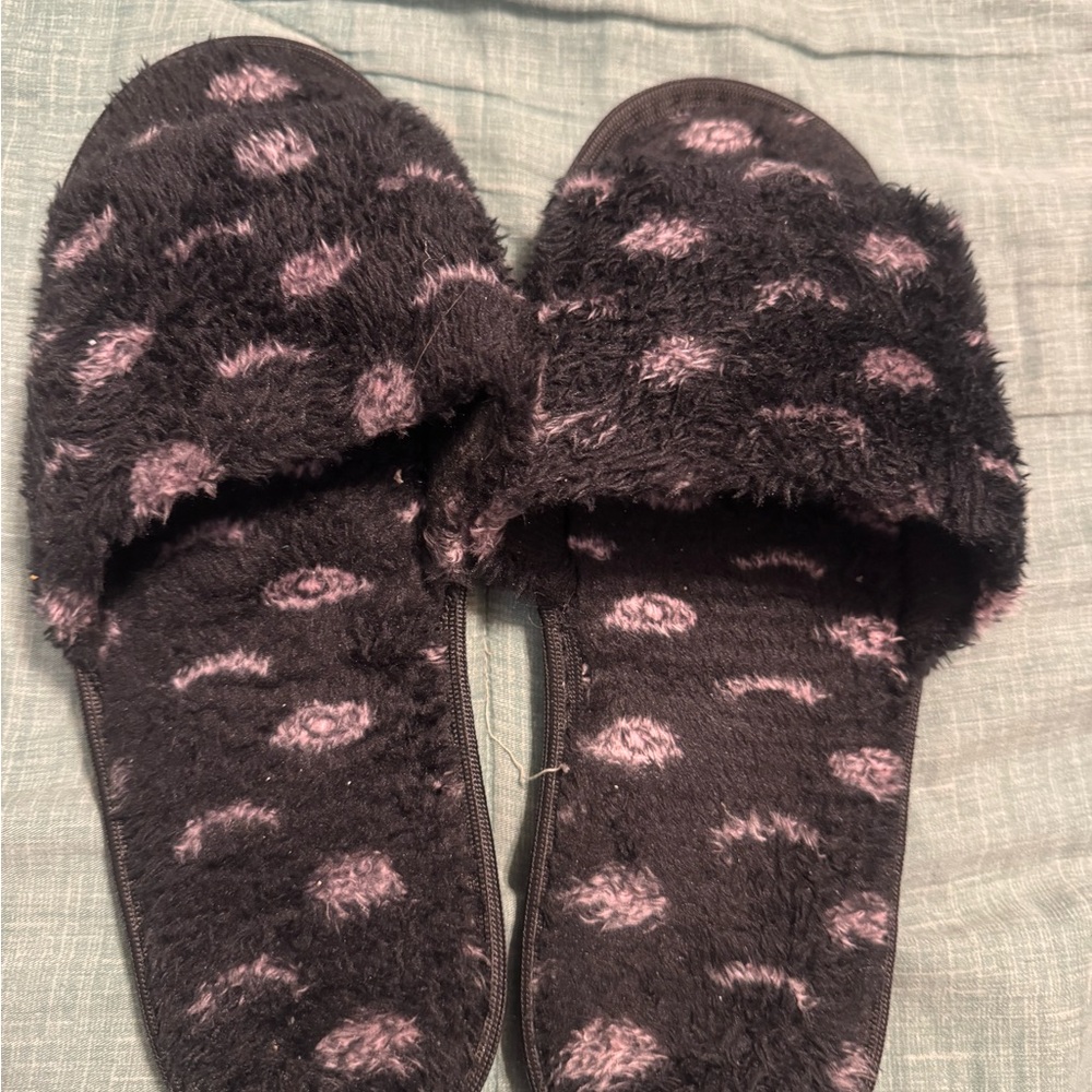 Fuzzy Black Slide Slippers with Pink Spots